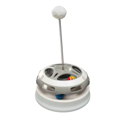Spielzeug mit weisser Basis, integrierten bunten Bällen und einer Feder mit weissem Plüschball oben.