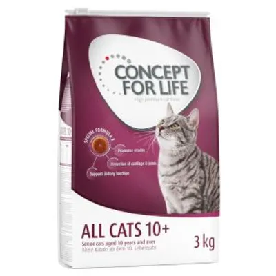 CONCEPT FOR LIFE ALL CATS 10+, alimento per gatti anziani, sacco da 3 kg. Testo visibile: Special Formula, Promotes vitality, Protection of cartilage & joints, Supports kidney function.