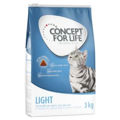 Saco de pienso para gatos Concept for Life Light, 3 kg. Visible texto: 'Effective weight control', 'Long-lasting satiety', 'Joint and cartilage protection'. Imagen de gato gris.