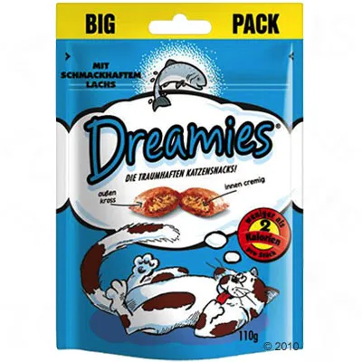 Dreamies kattsnacks, BIG PACK, 110 g. Text: mit schmackhaftem Lachs, außen kross innen cremig, enthält ca. 2 Kalorien pro Snack. Illustration av katt och fisk.