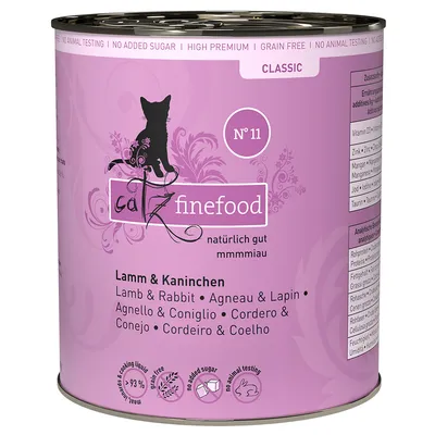 Catz Finefood Classic Nr. 11, jehněčí a králík, bez přidaného cukru, bez obilovin, bez testování na zvířatech, 93 % masa, přírodní ingredience.