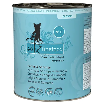 Catz Finefood Classic Nr. 13, sleď a krevety, bez cukru, bez testování na zvířatech, bez obilovin, 95 % podíl masa, protein 11 %, tuk 6 %, vlhkost 80 %.