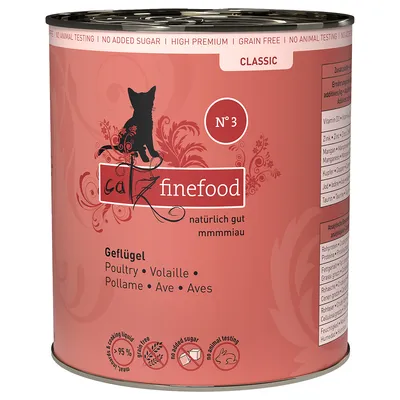 Catz Finefood Classic Nr. 3, drůbeží. Bez přidaného cukru, bez obilovin, bez testování na zvířatech. 95% podíl masa. Složení a analytické hodnoty viditelné na obalu.