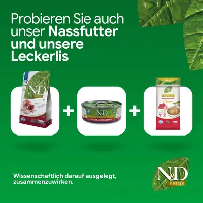 Probieren Sie auch unser Nassfutter und unsere Leckerlis. Wissenschaftlich darauf ausgelegt, zusammenzuwirken. Abgebildet: N&D Trockenfutter, Nassfutter, Leckerli. Probieren Sie auch unser Nassfutter und unsere Leckerlis. Wissenschaftlich darauf ausgelegt, zusammenzuwirken. Abgebildet: N&D Trockenfutter, Nassfutter, Leckerli.