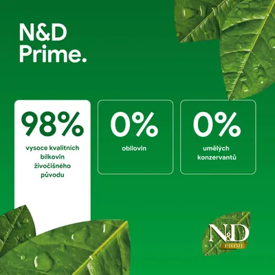 N&D Prime. 98 % kvalitních živočišných bílkovin, 0 % obilovin, 0 % umělých konzervačních látek. N&D Prime. 98 % kvalitních živočišných bílkovin, 0 % obilovin, 0 % umělých konzervačních látek.