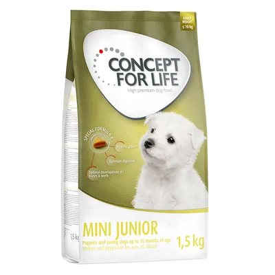 Sac Concept for Life Mini Junior 1,5 kg, texte visible : Special Formula X, Healthy growth, Optimum digestion, Optimal development of bones & teeth, Adult weight ≤10 kg, chiot blanc en photo.