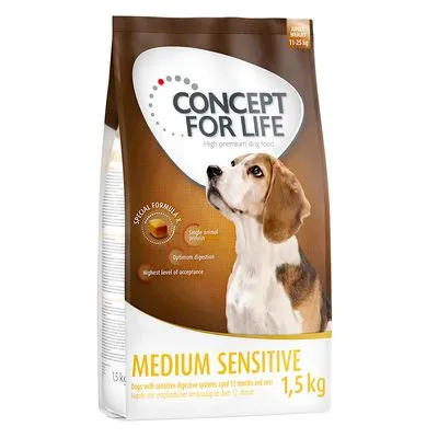 Sacchetto di Concept for Life Medium Sensitive 1,5 kg per cani adulti 11–25 kg, con scritte: Special Formula X, Single animal protein, Optimum digestion, Highest level of acceptance.