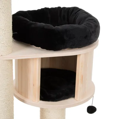 Krabpaal met sisal palen, houten huisje en zwart pluche ligkussen bovenop en binnenin. Zwarte speelbal hangt aan de zijkant.