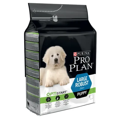 Vreča hrane za pse Purina Pro Plan Large Robust Puppy, vidna besedila: OPTISTART, 25 kg+, ikone s kratkimi opisi koristi, slika belega mladiča na sprednji strani embalaže.