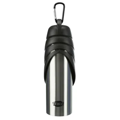 Trixie stainless steel drinking bottle with black plastic lid and carabiner, ideal for travel.