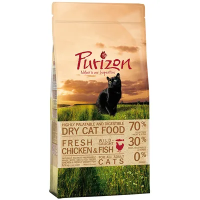 Purizon tørfoder til katte. Tekst: Highly palatable and digestible dry cat food, 70 % selected meat & fish, fresh chicken & wild-caught fish, 30 % fruit, vegetables & herbs, 0 % grain.
