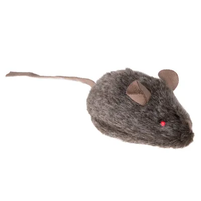 Plush mouse toy with grey faux fur, brown felt ears and tail, and a small red eye detail, shown on a white background.