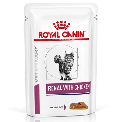 Pouch labelled 'Renal with Chicken', veterinary, thin slices in gravy. Image shows a cat and food pieces in gravy.