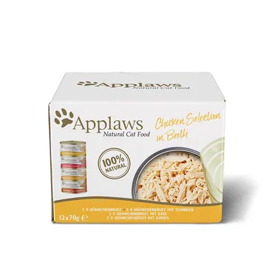 Applaws Natural Cat Food, výběr kuřecího v vývaru, 100% přírodní. Obsah: 3x kuřecí prsa, 3x kuřecí prsa se šunkou, 3x kuřecí prsa se sýrem, 3x kuřecí prsa s dýní, 12x70g.