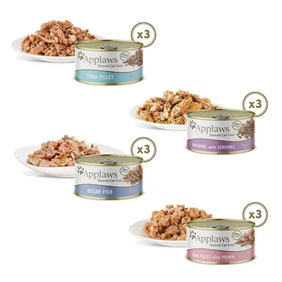 Applaws Natural Cat Food, 3x70g dåser: tunfiskefilet, havfisk, makrel med sardiner, tunfiskefilet med rejer. 100% naturlige ingredienser.