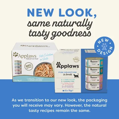 Applaws Natural Cat Food Fish Selection in Broth, 12 x 70g packs shown with old and new packaging. Text: New look, same naturally tasty goodness. New design badge visible.
