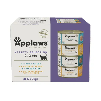Applaws Natural Cat Food Variety Selection in Broth, 12 x 70g. Soorten: tonijnfilet, kipfilet, zeevis, kipfilet met kaas. Gemaakt met natuurlijke ingrediënten.