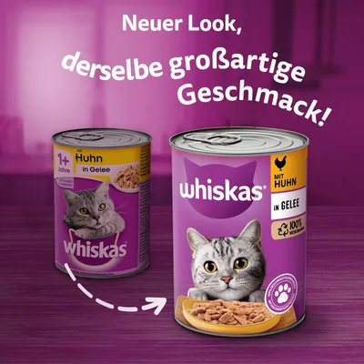 Whiskas kattefoder med kylling i gelé, nyt udseende, samme gode smag. Til katte fra 1 år, 100% genanvendelig emballage.