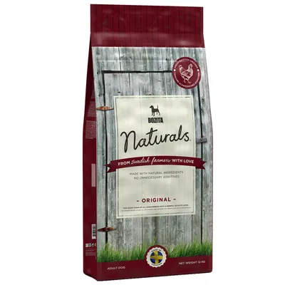 Bozita Naturals Original hundefoder, tekst: From Swedish farmers with love, Made with natural ingredients, No unnecessary additives, Adult dog, Net weight 12 kg, Made in Sweden.