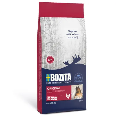 BOZITA SWEDISH NATURAL QUALITY ORIGINAL Adult Dog 12 kg. 63 %. Protein 22 %, fedt 11 %. Tekst: Together with nature since 1903. Billede af hund og kyllingesilhuet.
