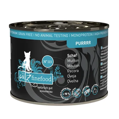 catz finefood N°113, jagnięcina. Monobiałkowa, bez zbóż, bez testów na zwierzętach, 98% mięsa i płynu z gotowania, bez dodatku cukru.