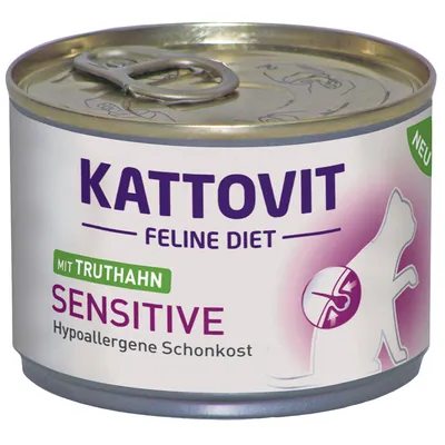 Scatoletta Kattovit Feline Diet Sensitive mit Truthahn, Hypoallergene Schonkost. Testo in tedesco visibile sull'etichetta, immagine stilizzata di gatto.