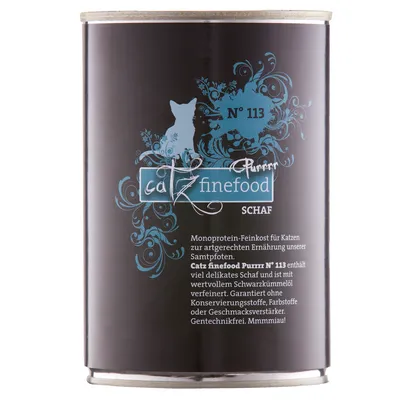 Lata de comida para gatos catz finefood Purrrr N° 113 Schaf. Texto en alemán sobre ingredientes y características visibles en la etiqueta frontal.
