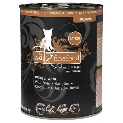 Catz Finefood Nr. 109 αγριόχοιρος, μονοπρωτεϊνικό, υψηλής ποιότητας, χωρίς δημητριακά, χωρίς προσθήκη ζάχαρης, χωρίς δοκιμές σε ζώα, 98% περιεκτικότητα σε κρέας, παρασκευάζεται στη Γερμανία.