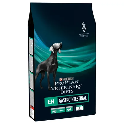 Purina Pro Plan Veterinary Diets EN Gastrointestinal hundfoder, svart förpackning med bild på hund och synlig text om veterinärklinisk nutrition.