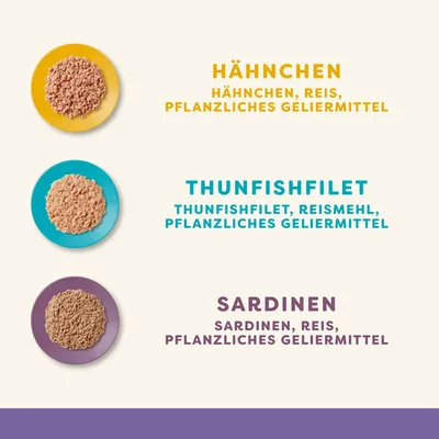 Zutatenübersicht: Hähnchen mit Reis und pflanzlichem Geliermittel, Thunfishfilet mit Reismehl und pflanzlichem Geliermittel, Sardinen mit Reis und pflanzlichem Geliermittel.