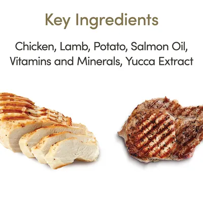 Belangrijkste ingrediënten: kip, lam, aardappel, zalmolie, vitaminen en mineralen, yucca-extract. Afbeelding van gegrilde kipfilet en lamsvlees.