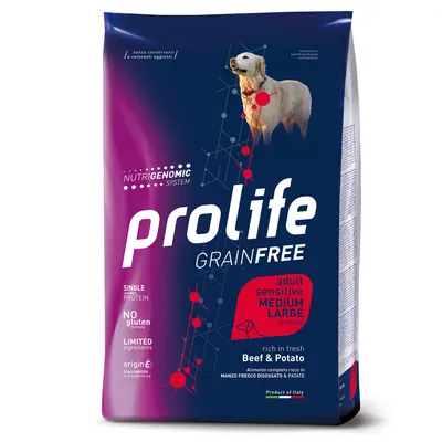 Prolife Grainfree alimento para perros adultos sensibles de tamaño mediano a grande (11-44 kg), rico en ternera fresca y patatas, sin gluten, ingredientes limitados. Producto de Italia.