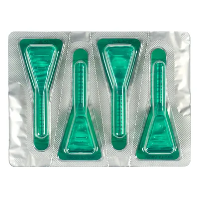Plaquette de 4 pipettes vertes en plastique transparent, emballées individuellement dans un blister argenté. Aucun texte ou marque visible sur l’emballage.