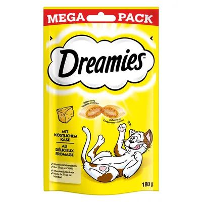 Dreamies MEGA PACK kattgodis med ost, 180 g. Text: Vitaminer & mineraler, mindre än 2 kcal per bit. Illustration av katt och ostbit. Förpackning i gult.