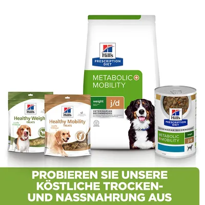Hill's Prescription Diet Metabolic + Mobility Trocken- und Nassnahrung sowie Healthy Weight und Healthy Mobility Leckerlis. Probieren Sie köstliche Tiernahrung für Hunde aus.