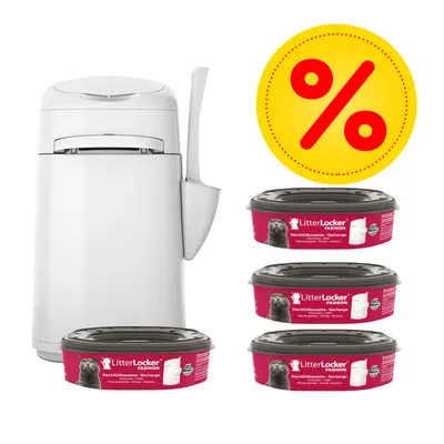 LitterLocker Fashion Nachfüllkassetten und Behälter im Set. Gelbes Prozent-Symbol für Rabattaktion sichtbar.