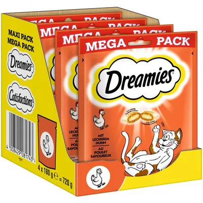 Dreamies Maxi Pack cu pui delicios, 4 x 180 g = 720 g. Gustări crocante cu umplutură cremoasă pentru pisici.