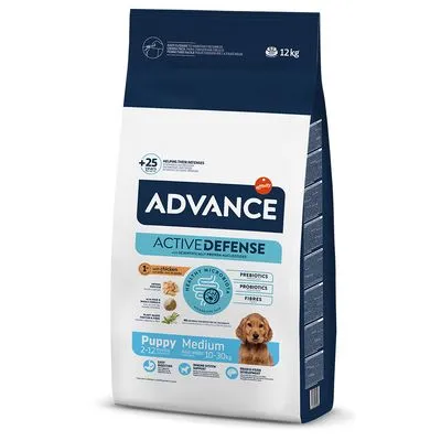 ADVANCE ACTIVE DEFENSE Puppy Medium hondenvoer, 12 kg. Voor pups van 2–12 maanden, gewicht 10–30 kg. Bevat prebiotica, probiotica en vezels. Hond afgebeeld op verpakking.