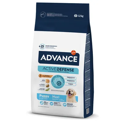 Sac de croquettes Advance Active Defense Puppy Maxi 12 kg, pour chiot 2–15 mois, poids adulte +30 kg, avec prébiotiques, probiotiques, fibres, image d’un chiot, marque Affinity visible.