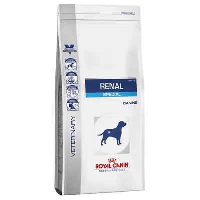 Royal Canin Veterinary Diet Renal Special Canine. Verpackung mit Symbolen für Nierenfunktion, Stoffwechselunterstützung und Appetitanregung.