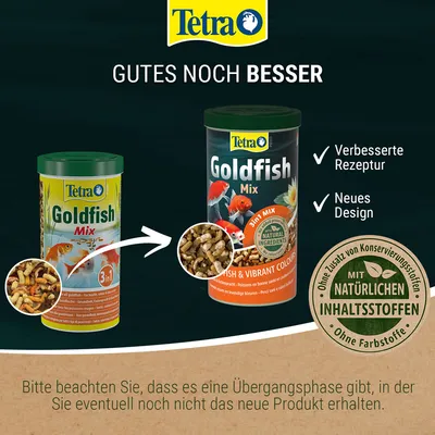 Tetra Goldfish Mix mit verbessertem Rezept und neuem Design. Mit natürlichen Inhaltsstoffen, ohne Konservierungsstoffe und Farbstoffe. Hinweis: Übergangsphase zu neuer Produktversion.