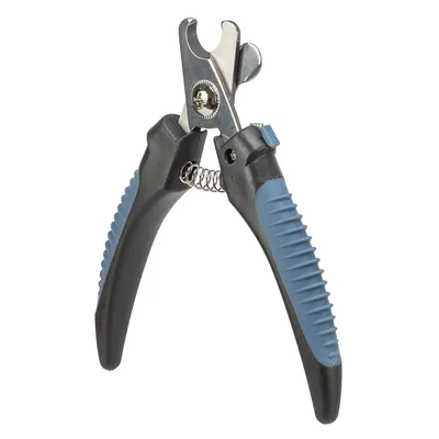 Coupe-griffes en métal avec poignées ergonomiques noires et bleues, ressort central visible, bouton de verrouillage bleu sur le côté.