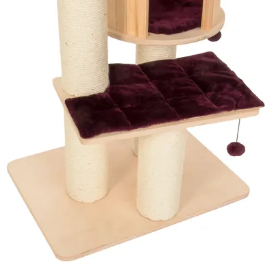 Krabpaal met sisalpalen, houten bodemplaat en plateau met donkerpaarse pluche bekleding, speelbal aan touw zichtbaar.