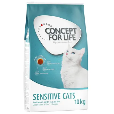 Concept for Life Sensitive Cats, 10 kg. Špeciálna receptúra: zdravá črevná flóra, zdravie močových ciest, živočíšny monoproteín. Pre citlivé mačky od 1 roka.