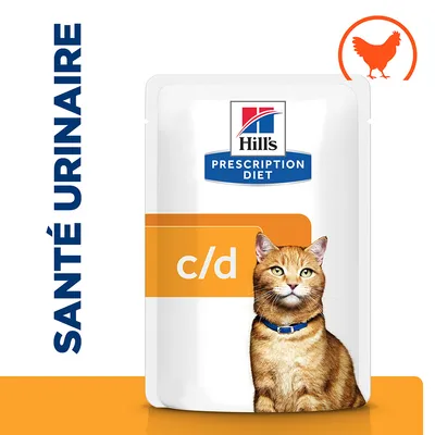 Hill's Prescription Diet c/d pour chat, sachet avec mention 'SANTÉ URINAIRE' et pictogramme poulet visible en haut à droite.