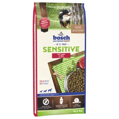 Bosch Sensitive pienso para perros a partir de 12 meses, con cordero y arroz, 15 kg. Sin cereales con gluten, complejo inmunitario, extracto muscular para articulaciones. Proteína 22,5%, grasa 14%.