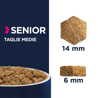 Crocchette per cani senior taglie medie, diametro 14 mm, spessore 6 mm. Testo visibile: 'SENIOR TAGLIE MEDIE'. Immagine di crocchette in una ciotola e dettagli delle dimensioni.