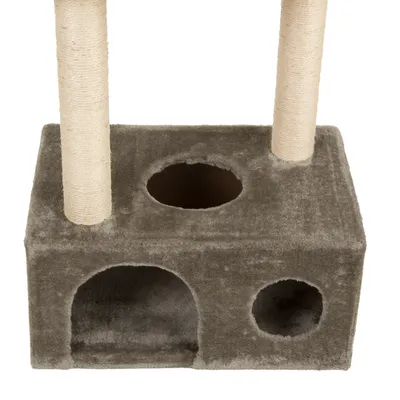 Base d’arbre à chat en tissu avec deux poteaux recouverts de corde, une grande ouverture, une petite ouverture ronde et un trou sur le dessus.