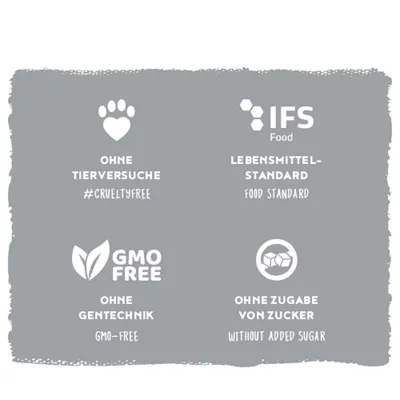Ohne Tierversuche, IFS Lebensmittel-Standard, ohne Gentechnik, ohne Zugabe von Zucker. #crueltyfree, food standard, GMO-free, without added sugar. Ohne Tierversuche, IFS Lebensmittel-Standard, ohne Gentechnik, ohne Zugabe von Zucker. #crueltyfree, food standard, GMO-free, without added sugar.