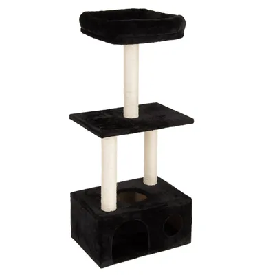 Arbre à chat noir avec trois niveaux, deux poteaux en sisal clair, une niche carrée en bas et un panier rond sur le dessus. Revêtement en tissu peluche visible.